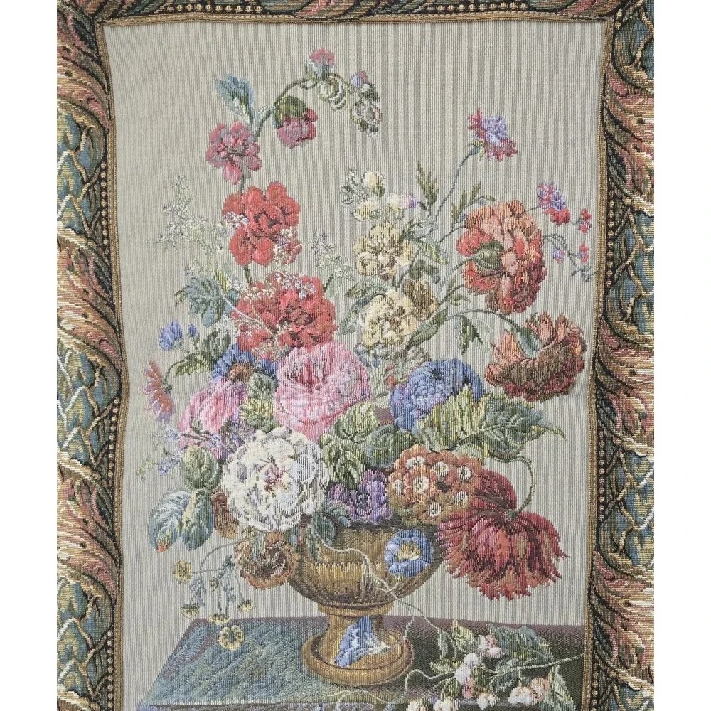 Vtg Metrax Belqium Floral Tapestry Wall Hang Vase Bouquet Gobelin Jacquard Art